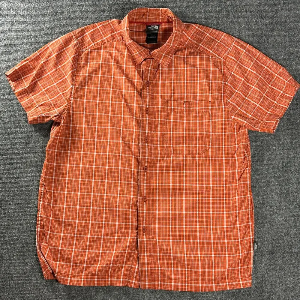 The North Face Mens M Orange Plaid Short Sleeve Button Up Hiking Shirt